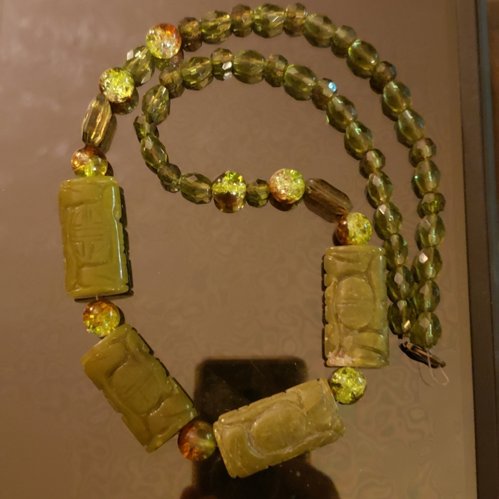 Gorgeous Carved Chinese Jade Necklace beautiful carving with green glass spacers